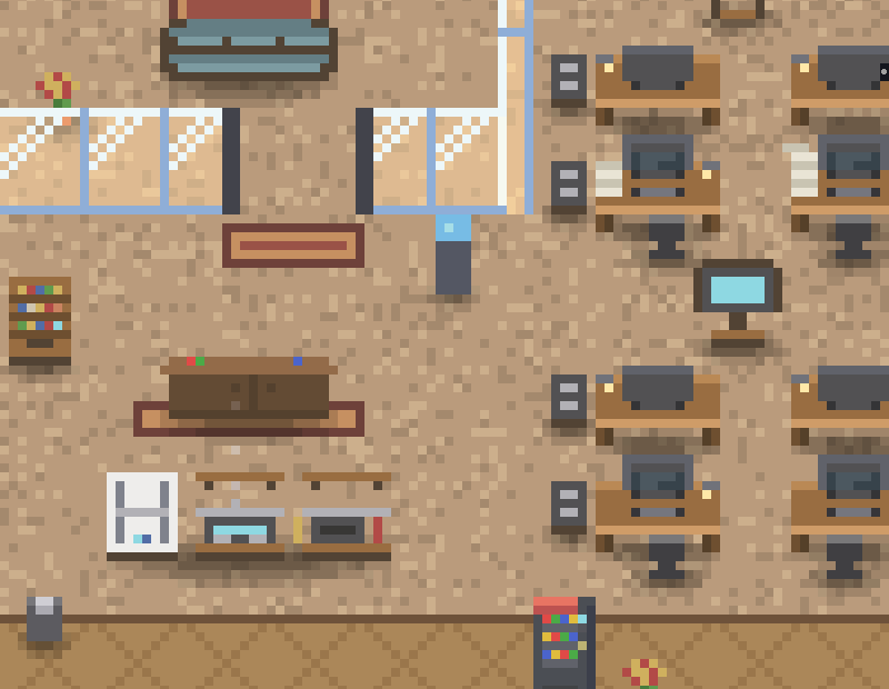 the office pantry: pixel-art coworkers by the coffee machine